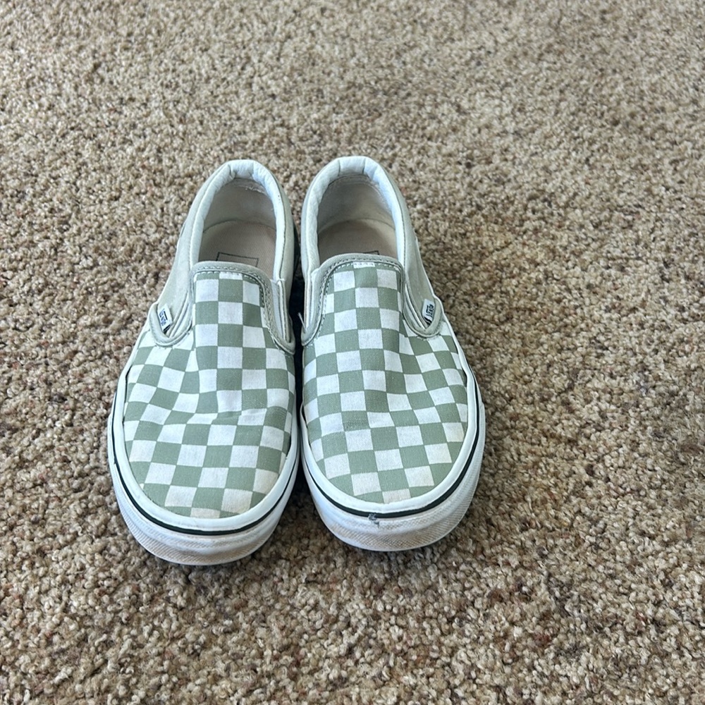 Women’s green and white checkered slip on vans